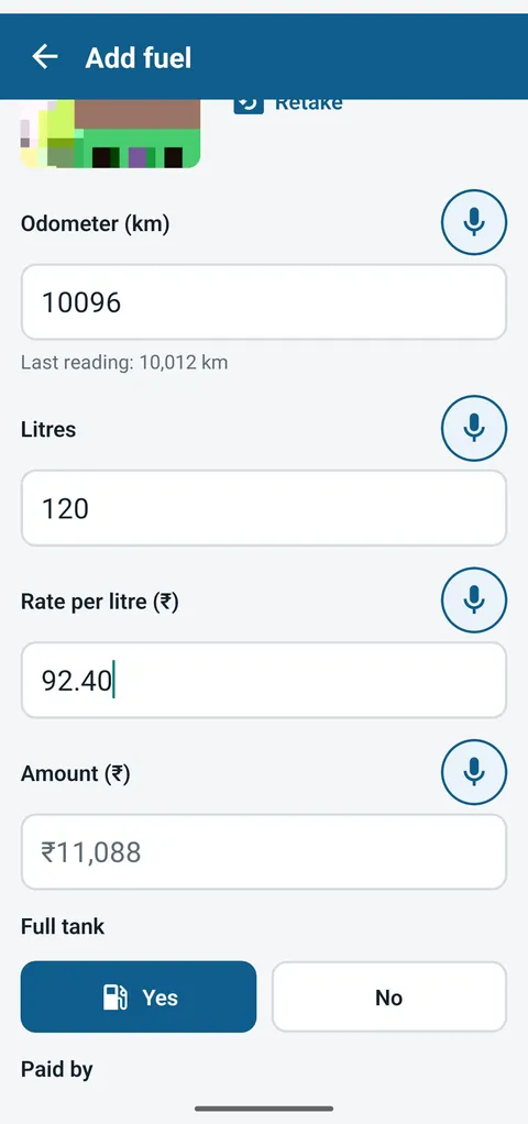 Driver app add fuel screen: odometer, litres, rate and full tank
