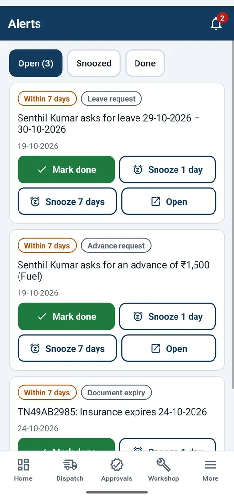 Owner app alerts screen: leave, advance and document expiry alerts