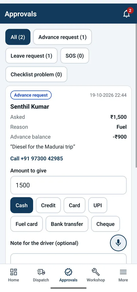 Owner app approvals screen: a driver’s advance request waiting for approval